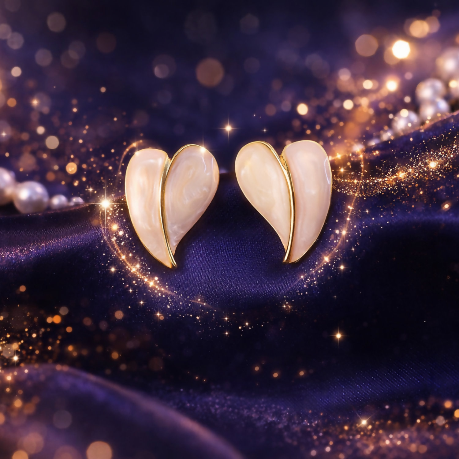 Elegant Cream Glossy Leaf Design Stud Earrings with Gold Finish for Women