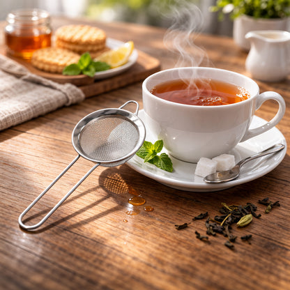Full stainless steel tea strainer set on kitchen counter