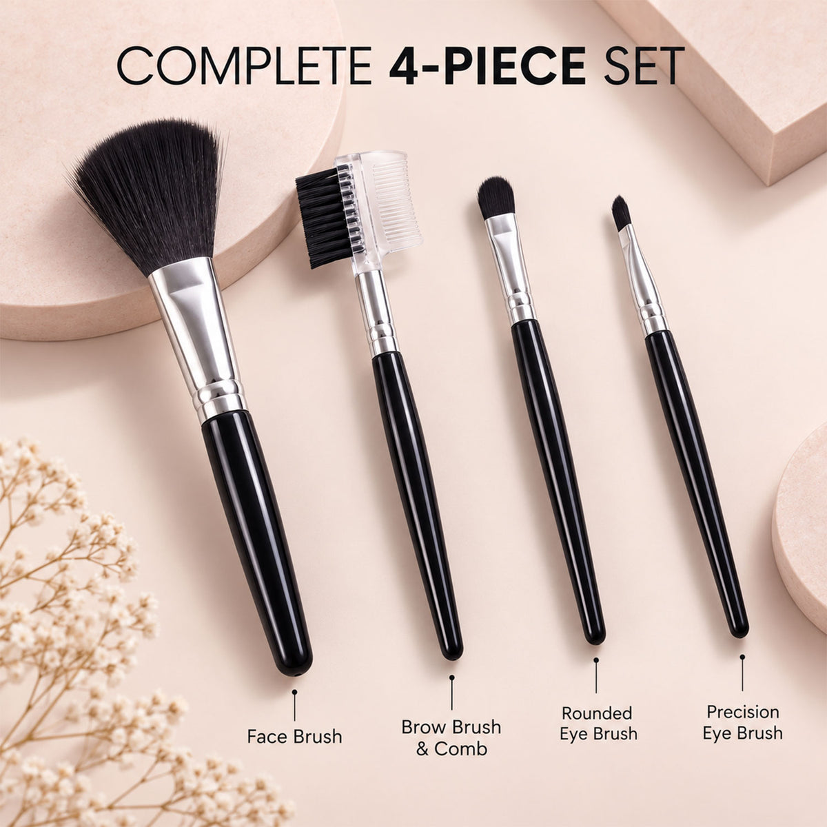 Mini Makeup Brush Set for Face Eye Brow and Lip Makeup with Compact Tools (4 Pc)