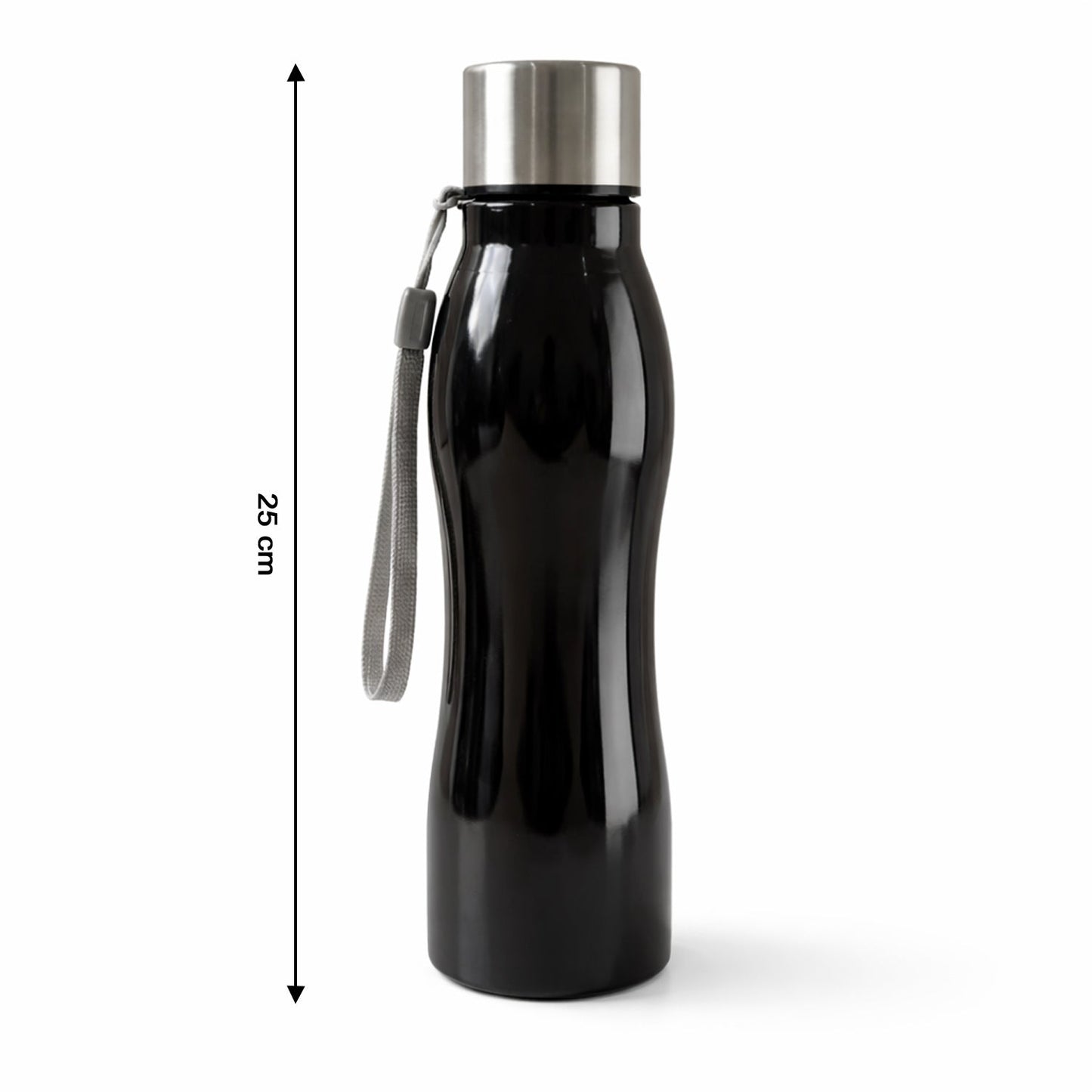 Top view of stainless steel water bottle with cap and strap