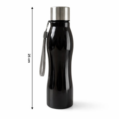 Top view of stainless steel water bottle with cap and strap