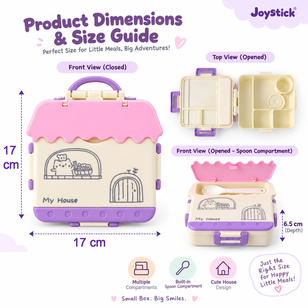 House Shape Plastic Kids Lunch Box with Handle and Spoon Fork (17 x 17 x 6.5 Cm)