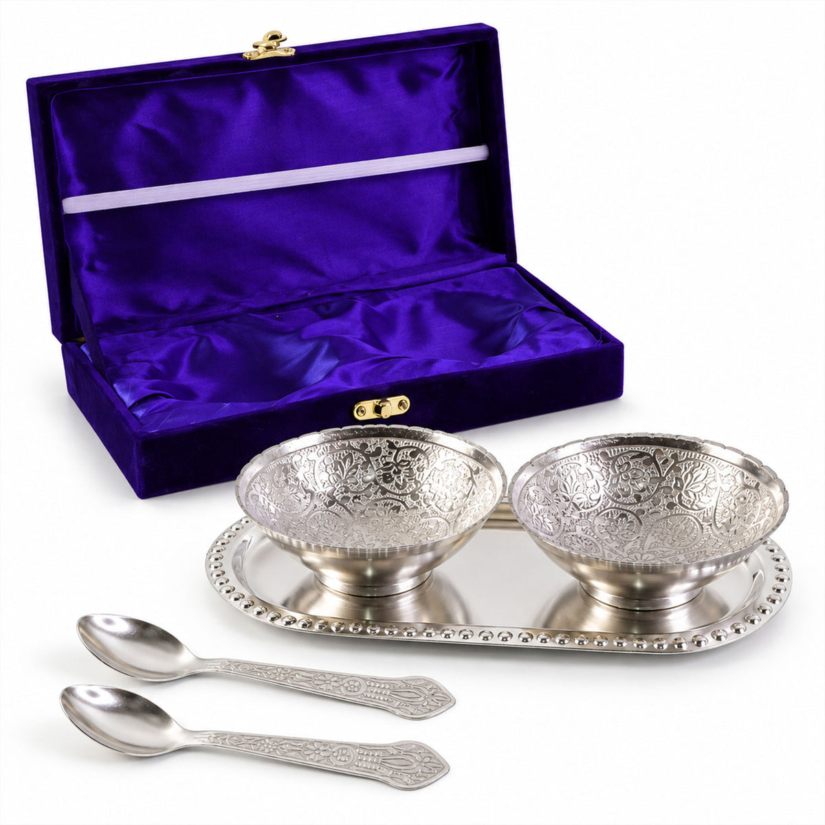 Silver-Plated Brass Bowl Set with Elegant Serving Tray & Velvet Gift B