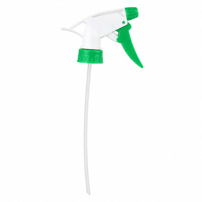 A white and green plastic trigger sprayer nozzle with a long, clear dip tube on a white background.