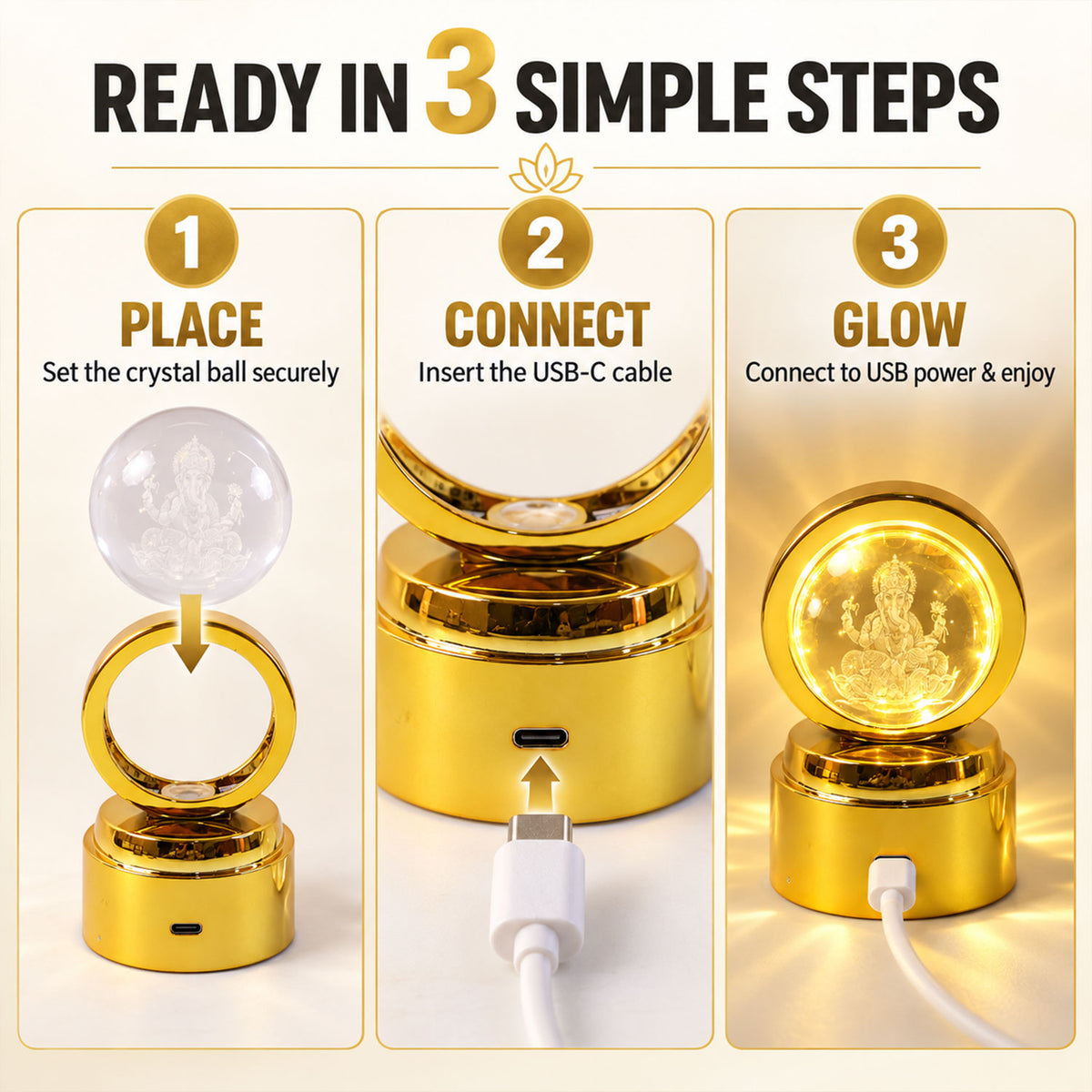 Ganpati Bapa 3D Crystal Ball LED Night Light – Divine Spiritual Glow