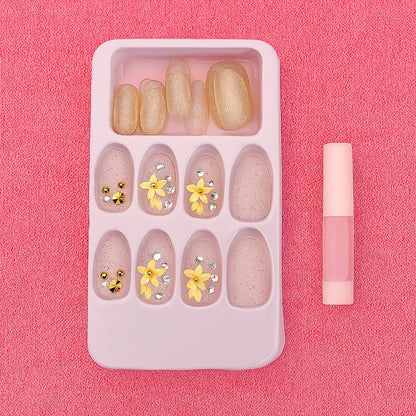 Premium Glitter 3D Floral Press-On Artificial Nail Tips with Nail Glue (1 Set)