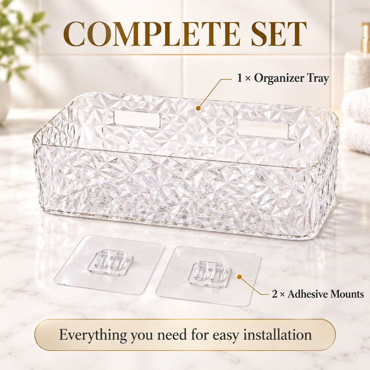 A clear, diamond-patterned organizer tray and two adhesive mounts are presented as a complete set for easy installation in a