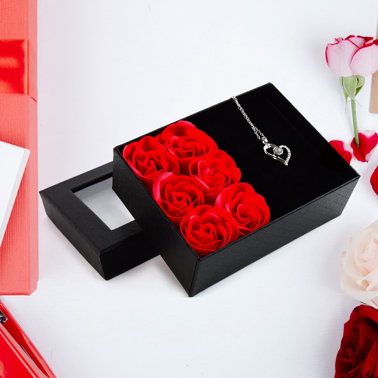 Rose Flower Gift Box, Handmade Eternal Rose with I Love You Necklace, Valentine's Day,