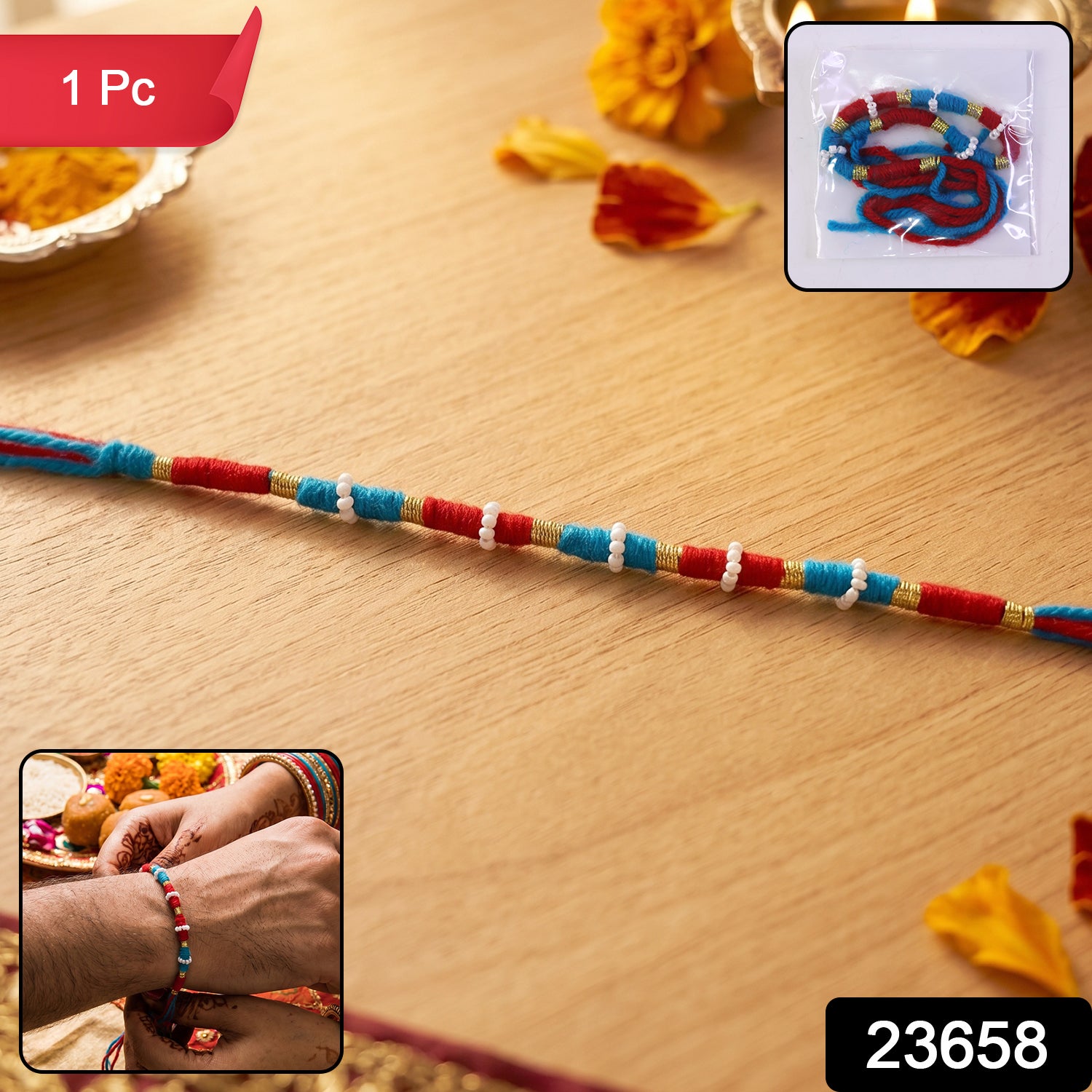 Handmade Red Thread Rakhi with Pearl Beads - 1 Pc