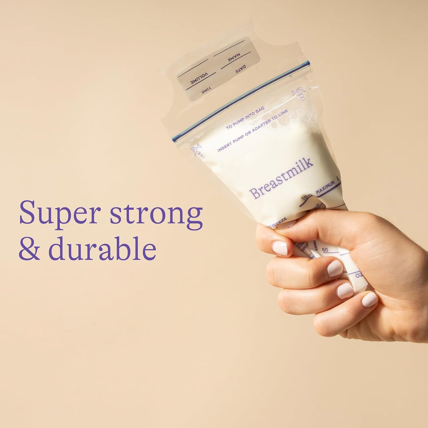 FERVENT breastmilk storage bag with clear volume markings and branding.