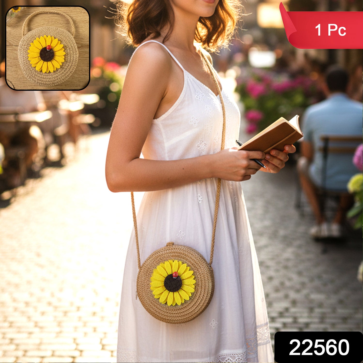 Mini Round Crossbody Purse with Sunflower Design side view