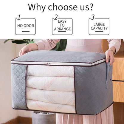 A person holds a grey quilted fabric storage bag, with icons above highlighting its no odor, easy to arrange, and large