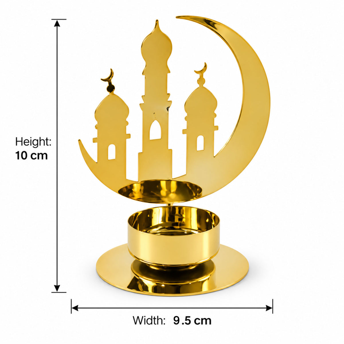 A golden metal crescent moon and mosque design incense holder with height and width measurements.