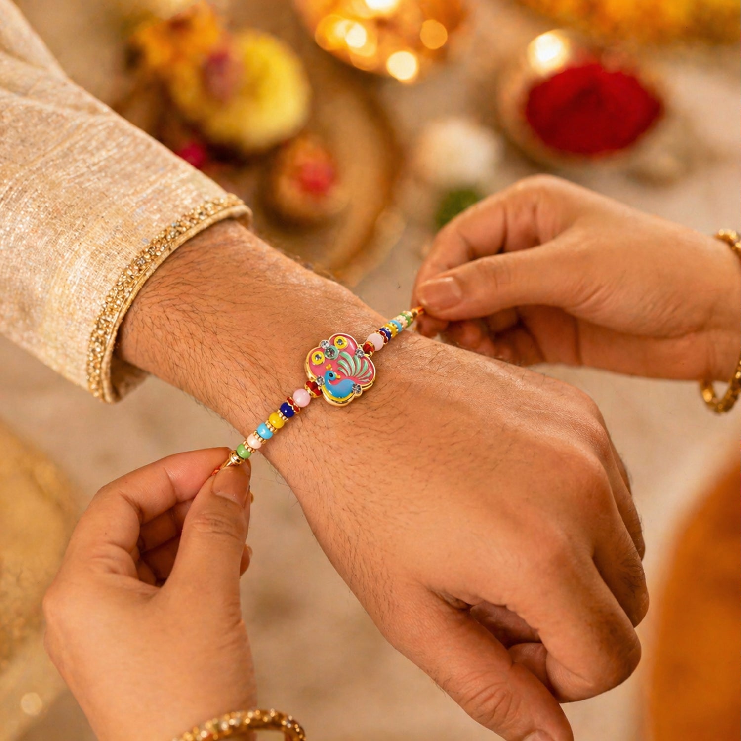 Colorful Peacock Design Rakhi with Decorative Beads (1 Pc)