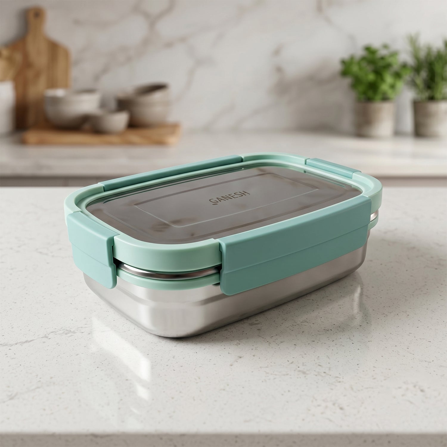 Ganesh Shine 750 lunch box set in use with food inside