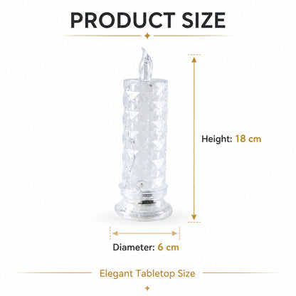 The crystal LED candle with its height of 18 cm and diameter of 6 cm indicated by arrows.