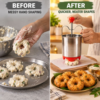 A split image shows messy hand-shaped vadas on the left and neat, machine-made vadas on the right, with the maker in use.