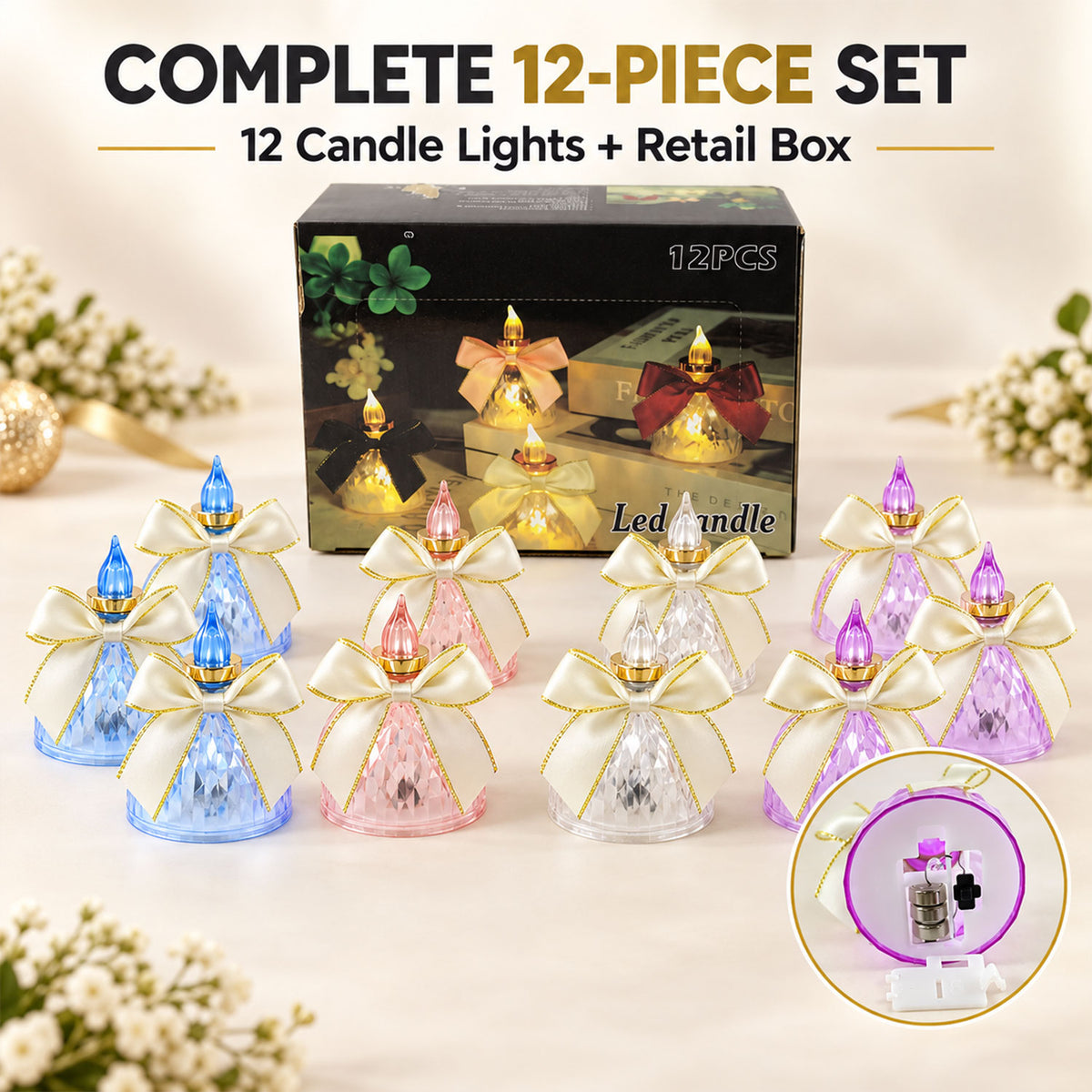 Flameless LED Candle Lights with Bow for Festive Table Decoration (12 Pc Set)