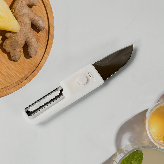 10052 Multifunctional peeler Two in one fruit knife, fruit and vegetable cutting knife+sawtooth peeler, apple, carrot, potato, fruit slice antiskid