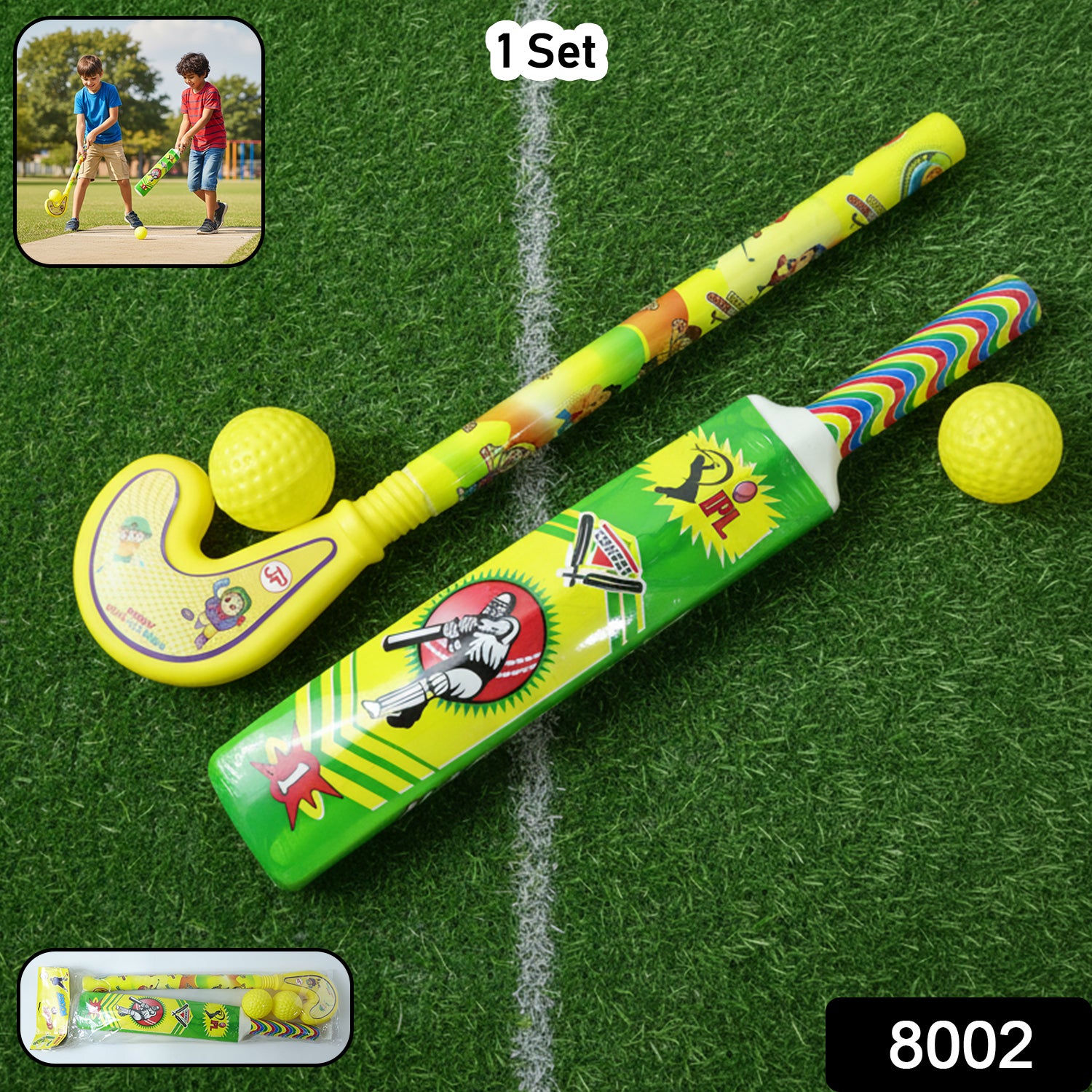 Combo of Light Weight Plastic Bat, Ball & Hockey for Kids, Boys, Indoor, Outdoor Play