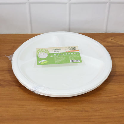 Freshee 10 Inch 3-Compartment Round Compostable Bagasse Plate (10 Pc)