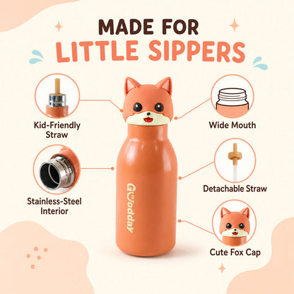 Kids Stainless Steel Vacuum Water Bottle with Straw (1 Pc 450ML, Mix Design)
