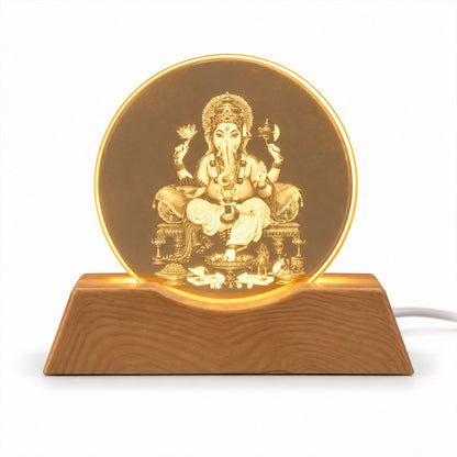 3D Ganesha LED Lamp with Wooden Base for Home and Pooja Decor (1 Pc)