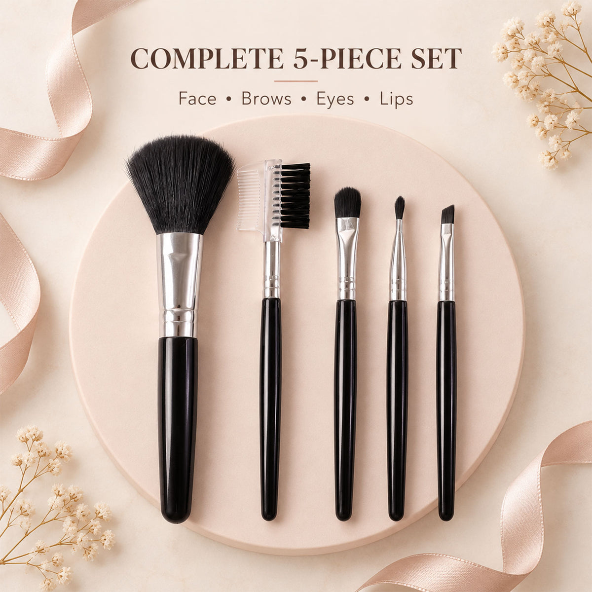 Mini Makeup Brush Set for Face Eye Brow and Lip Makeup with Compact Tools (5 Pc)