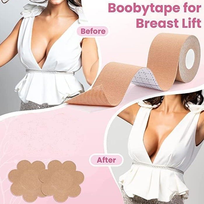 6596 Boob Tape with 10 Pairs Nipple Cover Cotton Wide Thin Breast Tape - Women's & Girl's Breast Lift Booby Tape - Push Up & Lifting Tape - Suitable for All Breast Types - Breast Lift Bra Tape - Bob Tape for Natural Breast Lift (1 Pc 5 Meters)
