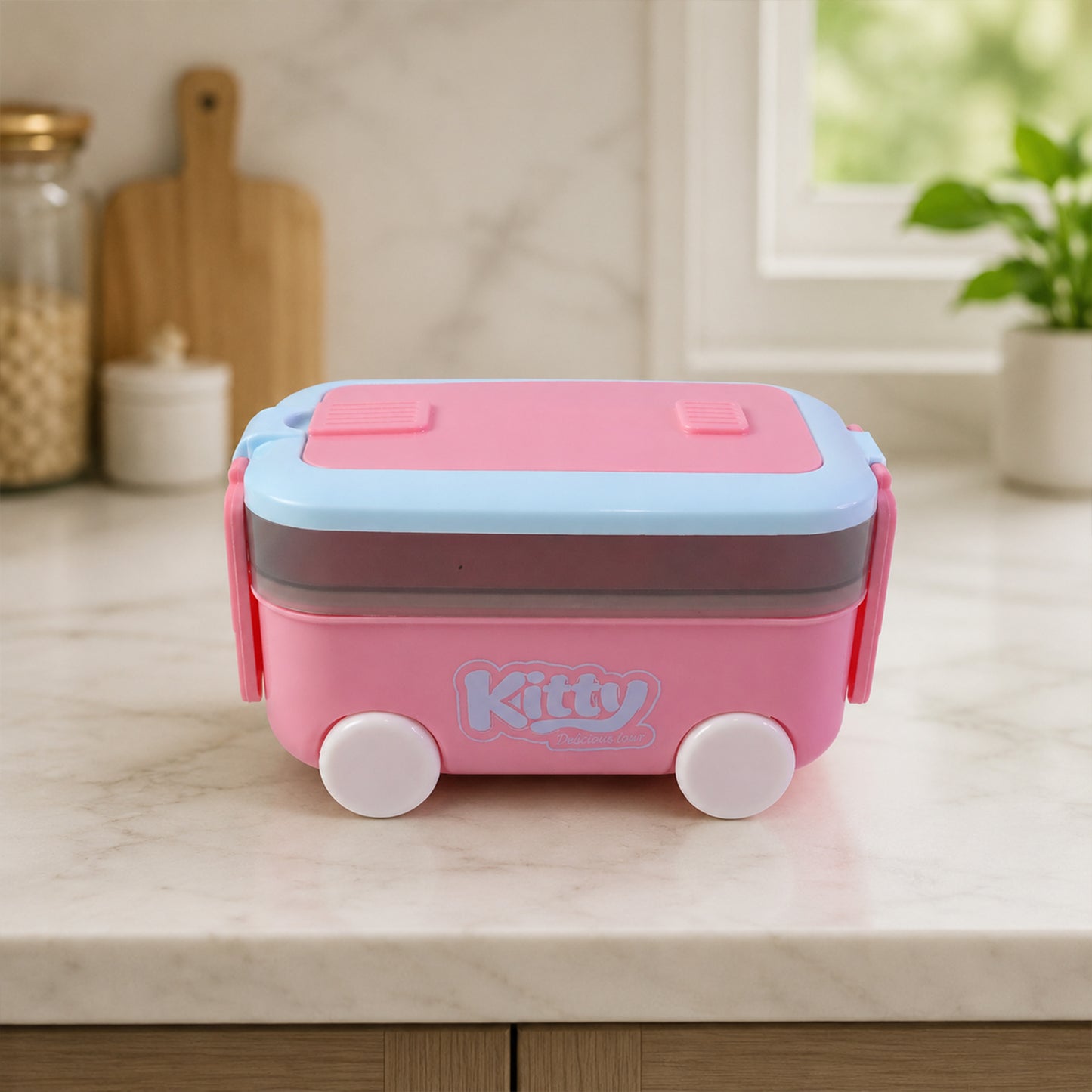 Car Shape Kids Lunch Box with Wheels Spoon and Fork for School Tiffin (1 Set)