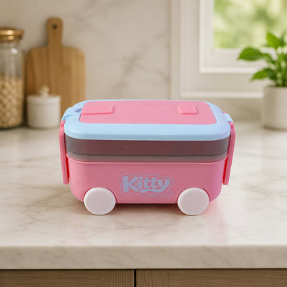 Car Shape Kids Lunch Box with Wheels Spoon and Fork for School Tiffin (1 Set)
