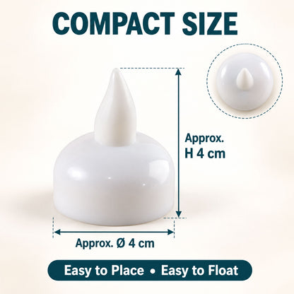 A single white floating LED diya is shown with its dimensions: approximately 4 cm in height and 4 cm in diameter.
