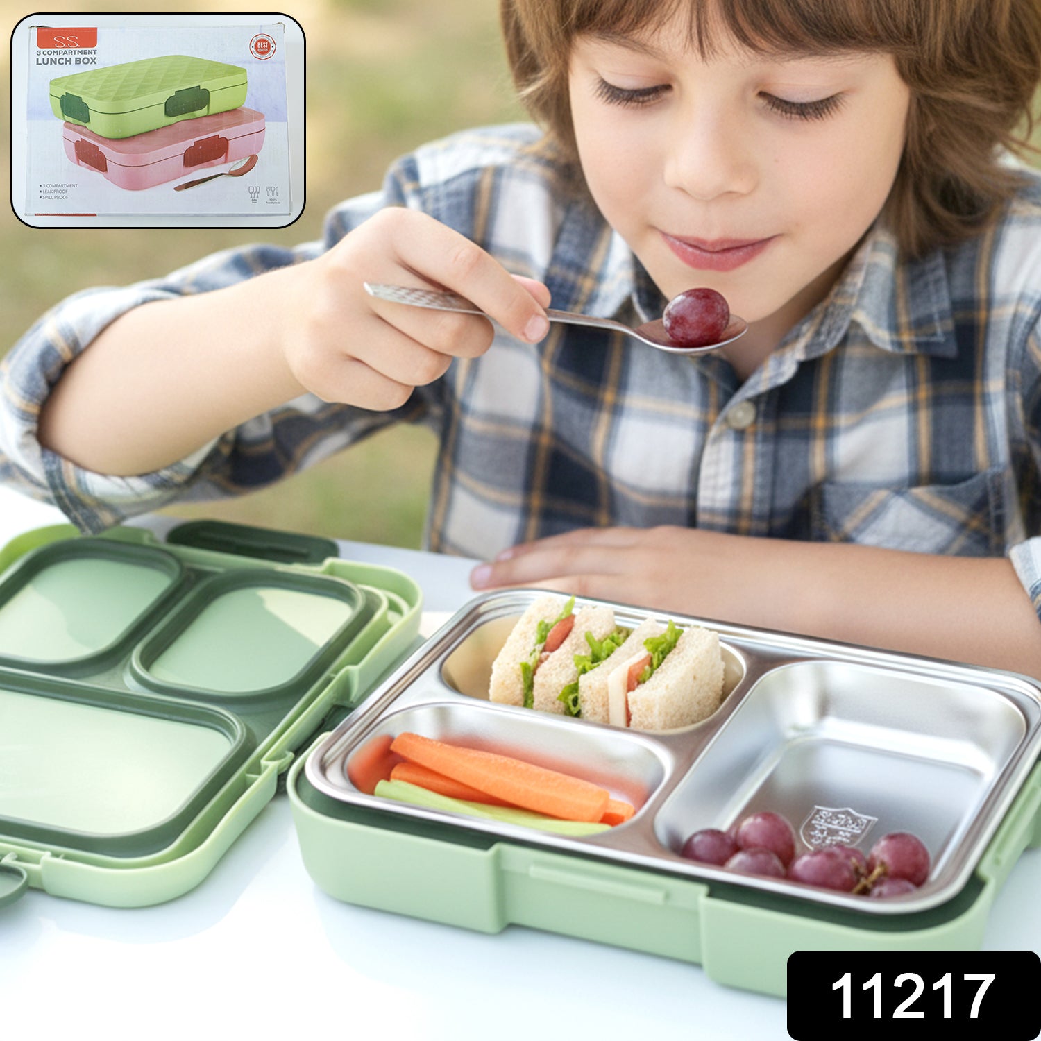 steel lunch box with 3 sections for meals