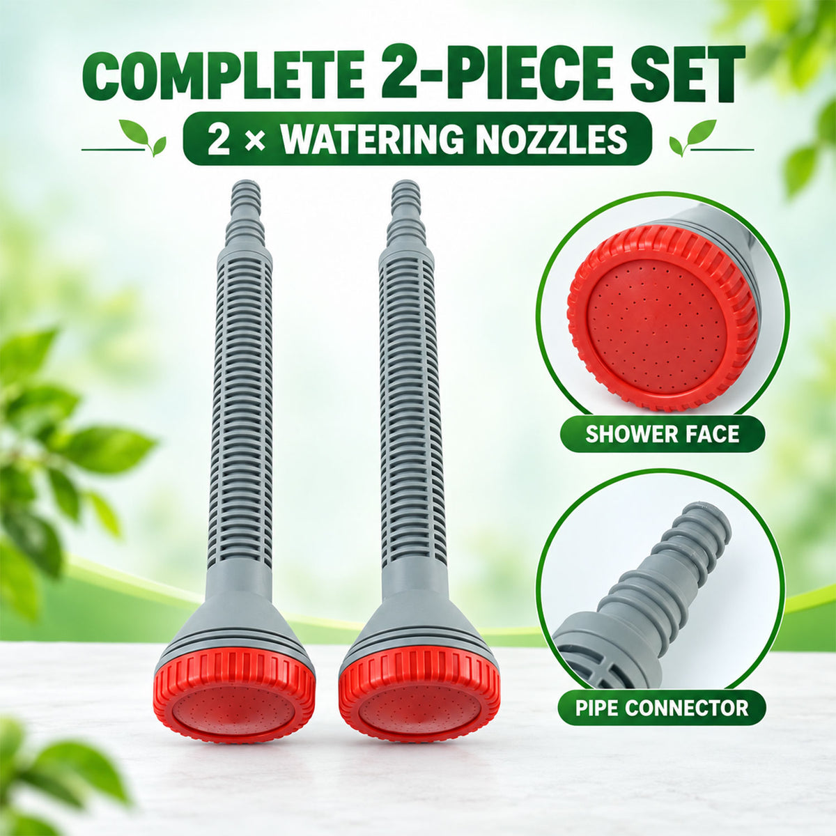 Two grey and red watering nozzles stand upright, with circular insets showing a close-up of the shower face and pipe