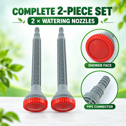 Two grey and red watering nozzles stand upright, with circular insets showing a close-up of the shower face and pipe