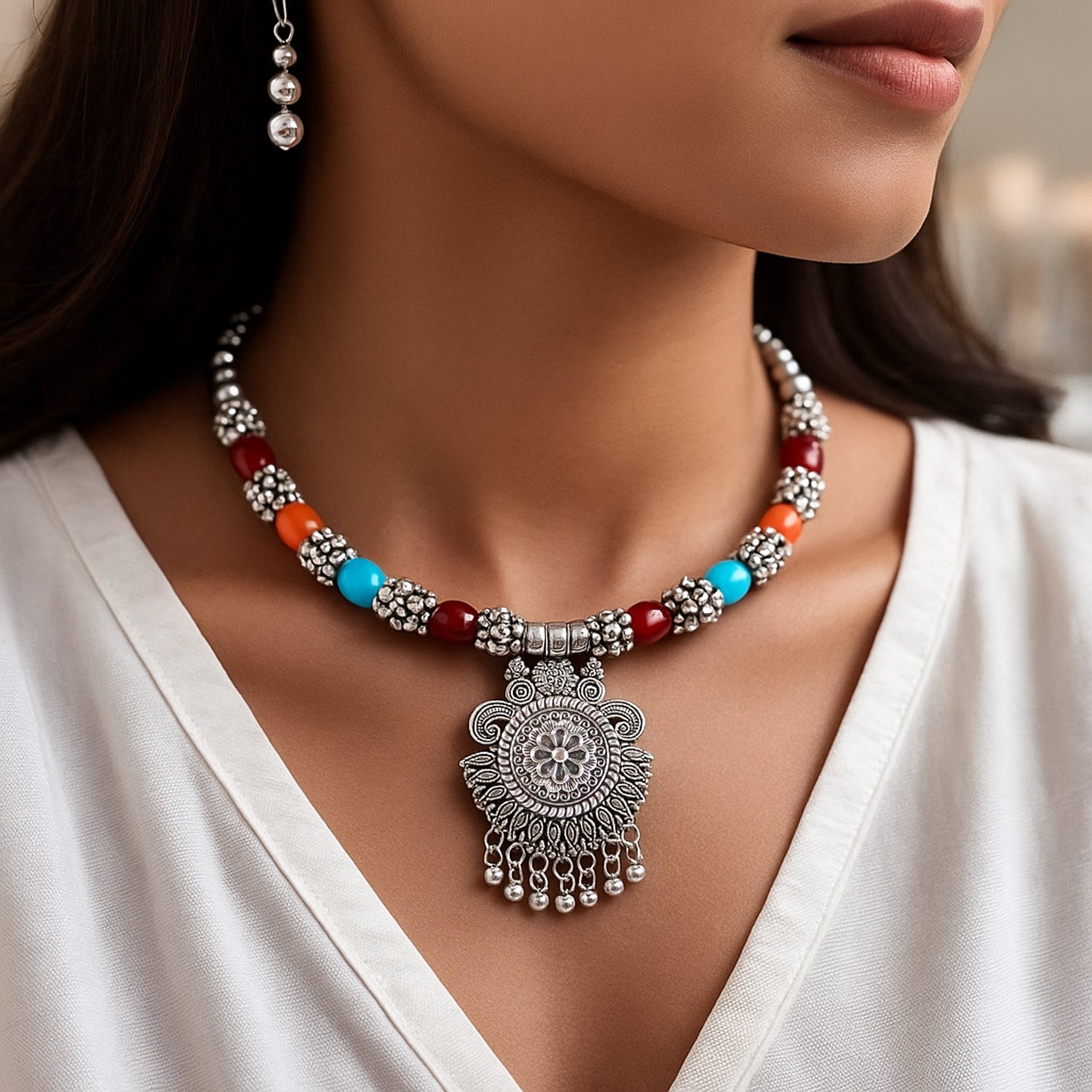 Oxidised Silver Traditional Beaded Necklace Set