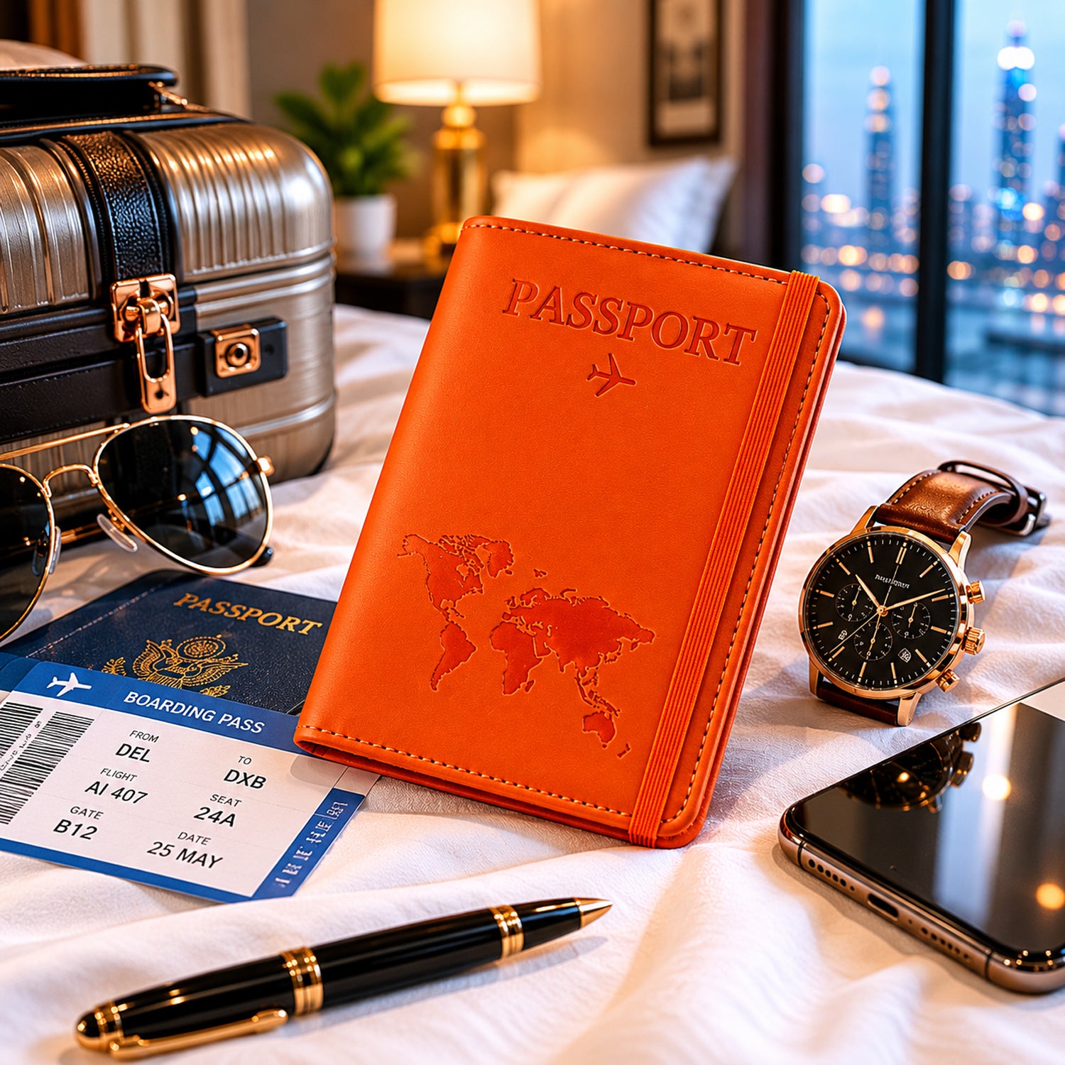 Travel wallet open showing compartments for passport and cards