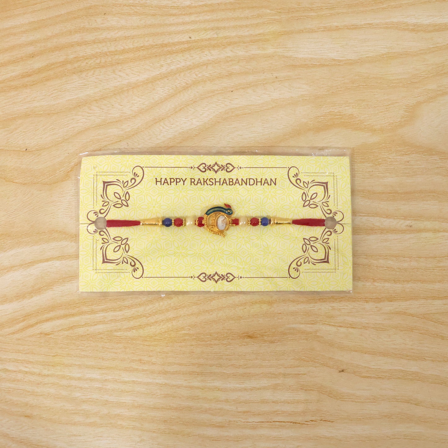 Festive Rakhi showing intricate design details