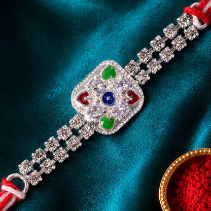 Premium Rakhi featuring Square Floral Charm, crystal accents and gift style for Gift
