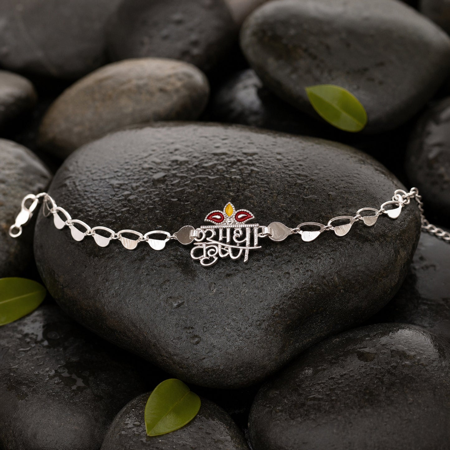 Radha Krishna Silver Motif Enamel Petal Chain Rakhi