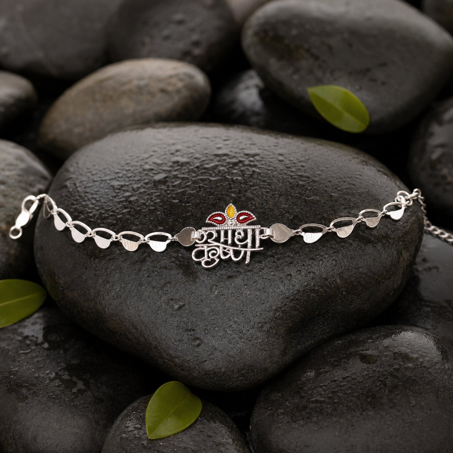 Radha Krishna Silver Motif Enamel Petal Chain Rakhi