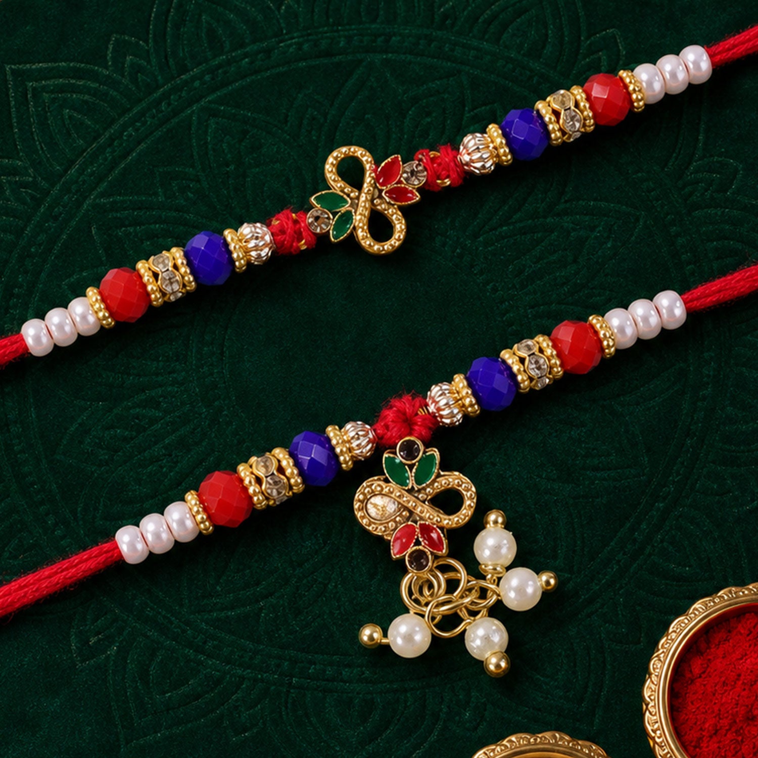 Divine Leaf Feather Motif Design Bhai Bhabhi Rakhi with Leaf Charm and Beads for Gift