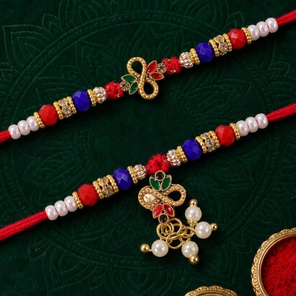 Divine Leaf Feather Motif Design Bhai Bhabhi Rakhi with Leaf Charm and Beads for Gift