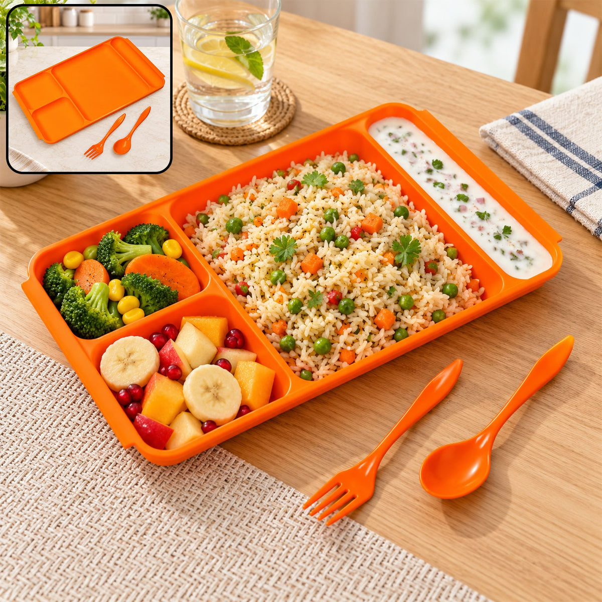 4-Compartment Plate – Plastic Dinner Set with Spoon & Fork | DeoDap