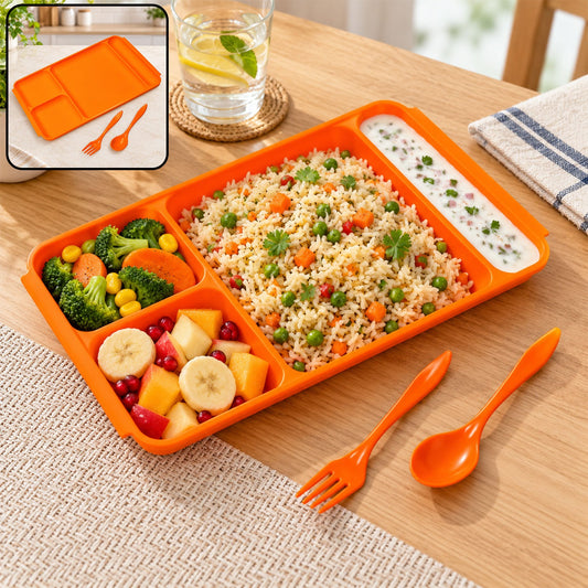 4-Compartment Plate – Plastic Dinner Set with Spoon & Fork | DeoDap