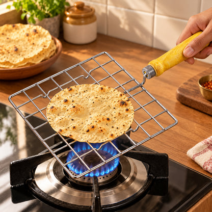 Square Wire Roti and Papad Roaster with Wooden Handle (1 Pc, Big)