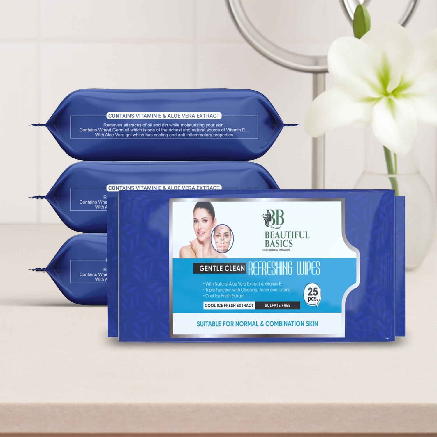 Beautiful Basics Dry, Oily, Sensitive & Normal Skin Face Wipes (4 Pkts x 100 Pcs wipes)