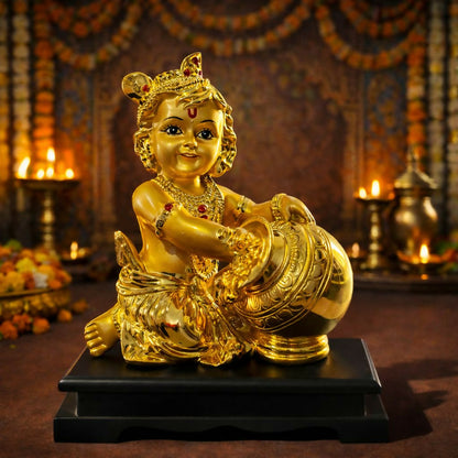 Bal Krishna idol holding butter pot with golden finish