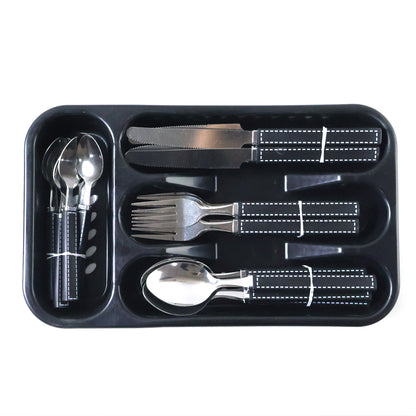 Premium Stainless Steel Kitchen Plastic Handle Cutlery Set With Tray (24 Pc Set)
