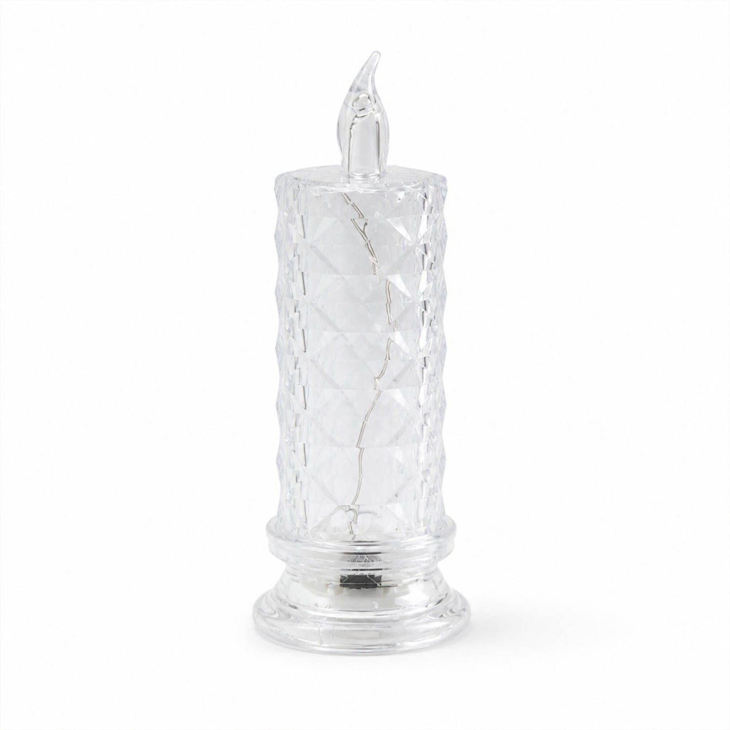 A clear, faceted crystal LED candle with a flame-shaped top, unlit, on a plain white background.